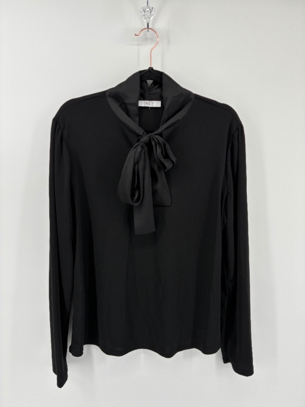 Elegant Suzy Shier Black Blouse with Bow Neck Tie Detail